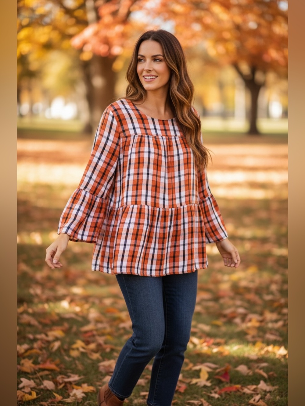 EVRI Orange Plaid Tiered Peasant Tunic